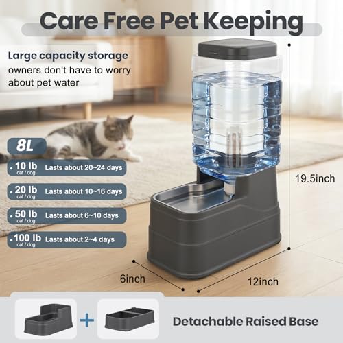 Automatic Dog Water Dispenser Gravity Stainless Steel Water Feeder Cat Waterer Feeder with Wide Mouth Bowl for Small Medium Dog Puppy Kitten