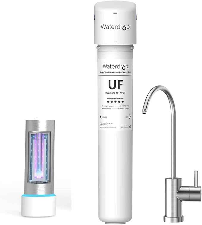 Waterdrop 17UBW-UF 0.01 μm Ultra Filtration Under Sink Water Filter System and LED UV͎ Ultrąviolët Water Sterilizër Filter for Kitchen, Mercury-Free, FCC Certified, Stainless Steel, 50 Years Life Time
