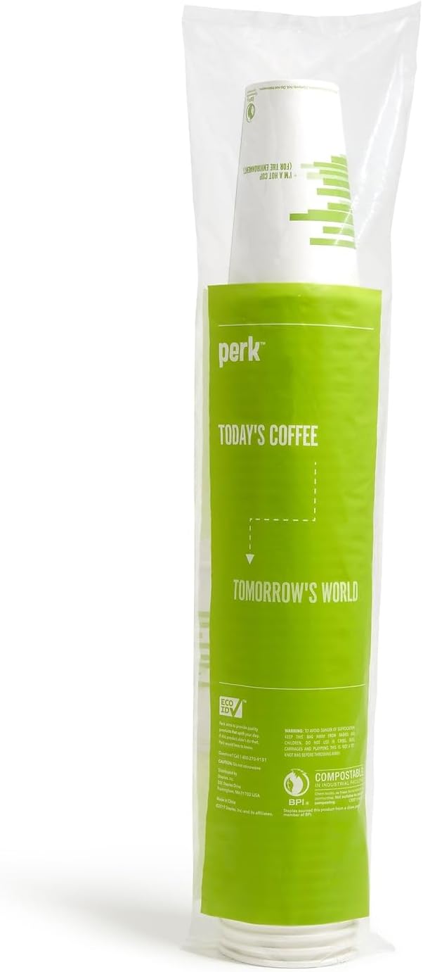 Perk Eco Compostable Paper Hot Cups, 16 Oz, 600 Count Disposable Cups for Hot Beverages, White/Green