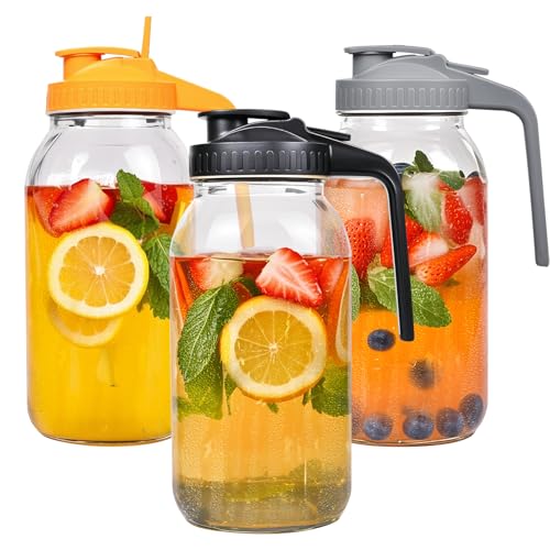 3 Pack 64oz Glass Mason Jar Pitcher with Airtight Lid and Handle (3 Count)