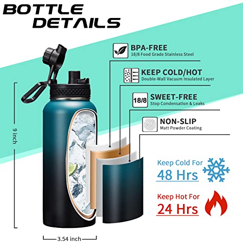 32/40/64/128 oz Insulated Water Bottle with straw & Spout Lids Keep Cold 48H Hot 24H, Large Water Flask Bottle with Shoulder Carrier Bag, Paracord Handle & Boot for Gym, Workout & Beach (9 Count)
