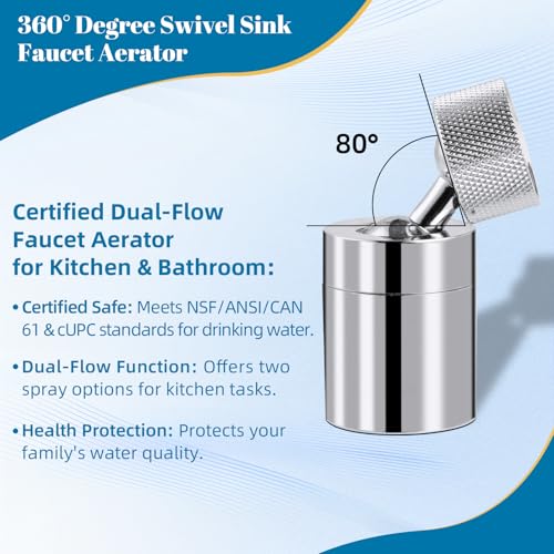 NSF/ANSI/CAN 61 Certified Dual-function Faucet Aerator, CUPC Certification Big Angle Rotate Kitchen Sink Aerator 360 Degree Swivel Sink Sprayer Attachment-55/64 Inch Female Thread-Chrome