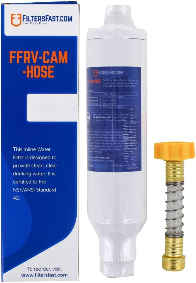 FiltersFast FFRV-CAM-HOSE Inline Water Filter Hose Faucet Sediment Cartridge for RV, Marine Boat, Car Washing, Camping, Farm, Pool, Pets, Spa, Garden, with Flexible Connector Hose