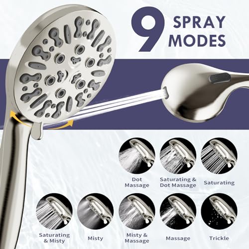 Brushed Nickel Dual Shower Heads with 9 Modes Handheld Spray Combo