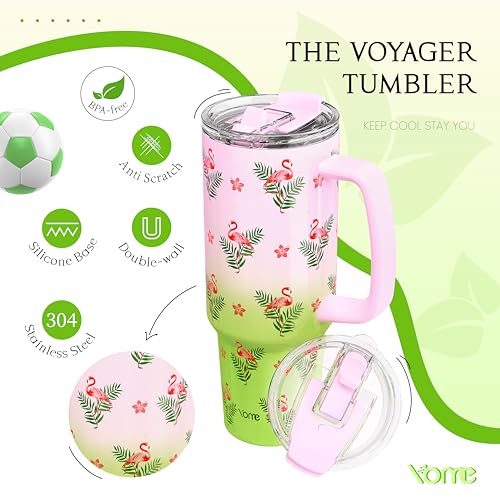40 oz Flamingo Tumbler with Handle and Flip Straw for Women