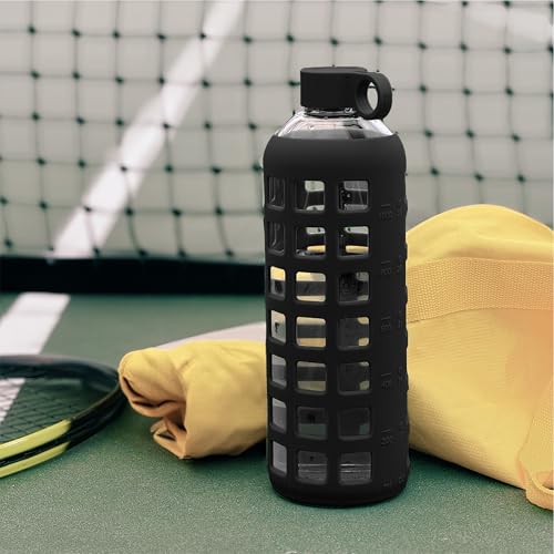 40oz / 32oz / 22oz / 12oz Borosilicate Glass Water Bottle with Time & Volume Markers, Silicone Sleeve, Stainless Steel Lid | Reusable Glass Bottle for Water & Juice (32oz Jet Black)