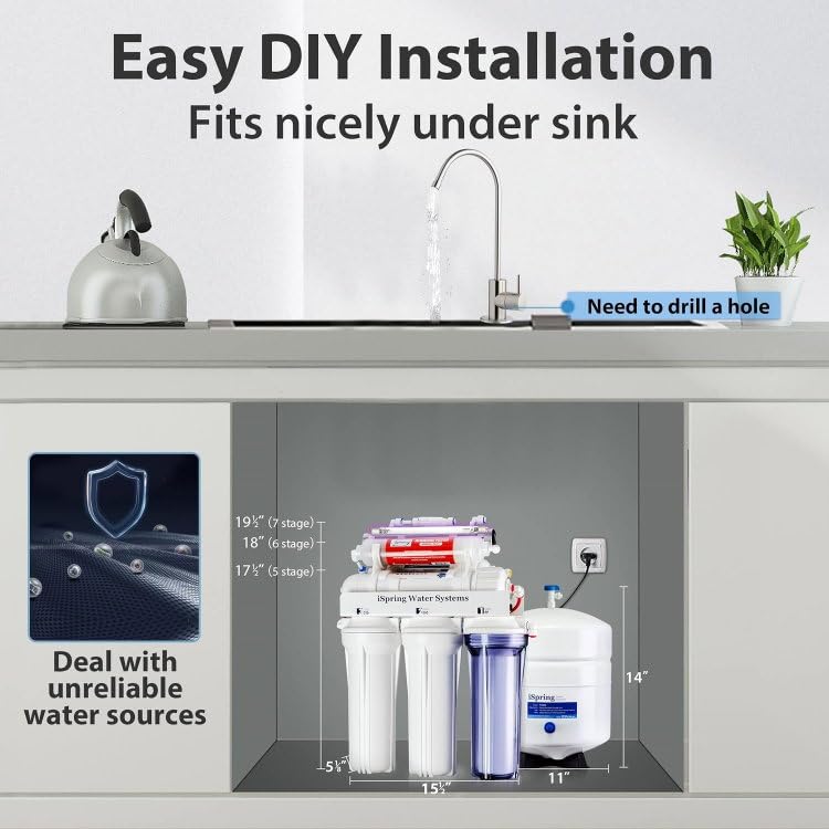 RCC7AK-UVBN, NSF Certified, 7-Stage Under Sink Reverse Osmosis Water Filtration System with Alkaline Remineralization and UV Filter, Patented Top-Mounted Faucet Design for Easy Installation