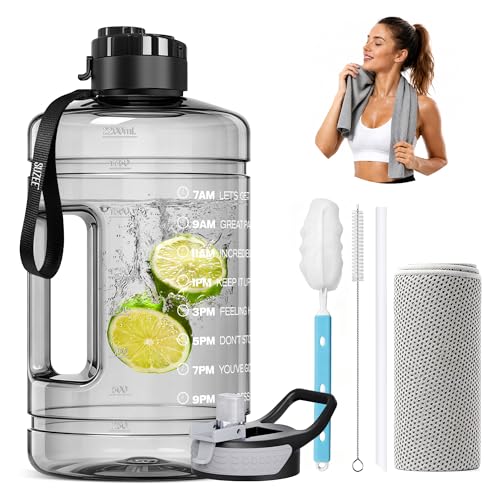 Large Water Bottle with Motivational Time Marker & Straw & Handle