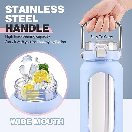 64oz Water Bottle Glass with Stainless Steel Handle Large Water Bottle with Time Markers and Silicone Sleeve Half Gallon Water Jug BPA Free for Gym Daily Use