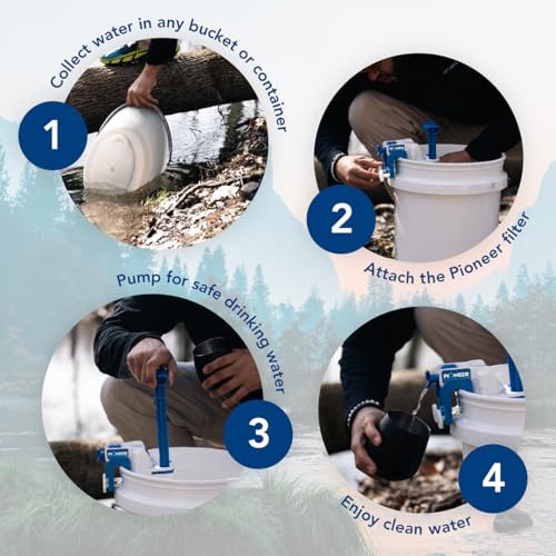 Outdoor Water Filtration System. Bucket Pump Purifier Produces Clean Water for Backpacking
