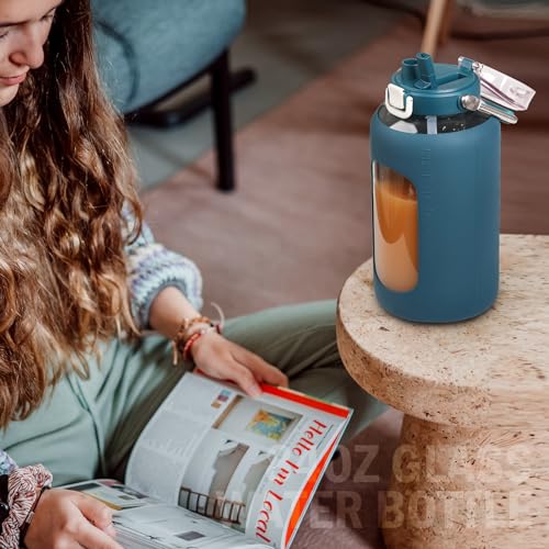 84oz Water Bottle Glass with Stainless Steel Handle Large 2.5l Water Bottle with Time Markers and Silicone Sleeve Half Gallon Water Jug BPA Free for Gym Daily Use