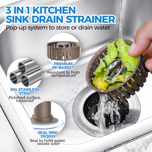 3 in 1 Kitchen Sink Drain Strainer Stopper Removable Basket Pop