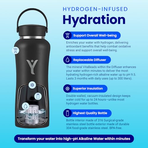 DYLN Hydrogen Water Bottle 40 oz Black Stainless Steel Alkaline Water
