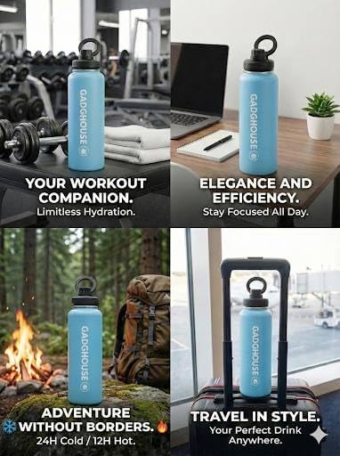 GadgHouse 40oz Stainless Steel Water Bottle with Magnetic Phone Holder, Compatible with Apple and Android. Leakproof, Insulated, BPA-Free, Keeps Hot 12H Cold 24H, for Gym, Office, Travel (ICE BLUE)