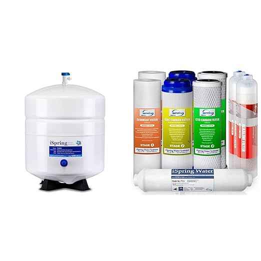 iSpring T32M Pressurized Water Storage Tank with Ball Valve for Reverse Osmosis RO Systems, 4 Gallon, 1/4" Tank Valve Included | iSpring F9K 1-Year Reverse Osmosis Water Filter Replacement Cartridge Pack Set for 6-Stage Alkaline Mineral RO Filtration S...