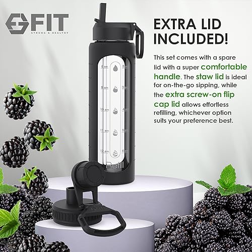 32 oz Glass Water Bottle with Time Marker Straw Lid Big Reusable Leakproof