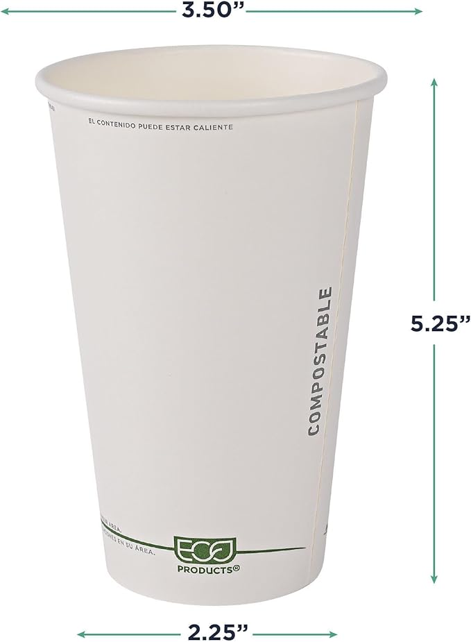 ECO PRODUCTS Compostable Disposable GreenStripe 16oz Coffee Cups, Pack of 50, White Single Wall Hot Paper Cup, Plant Based PLA Lining, Biodegradable