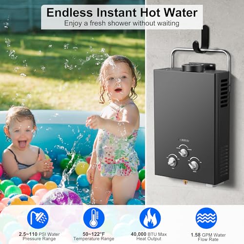 Outdoor Tankless Propane Water Heater 1.58GPM 6L Portable Gas Water Heater with Handle & Overheating Protection
