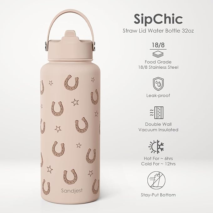 Horse Lover Gift for Women, Water Bottle Stainless Steel 32oz with Lid & Straw, Insulated Bottles Gifts for Girls Friends Teens Birthday Christmas (Horseshoe)