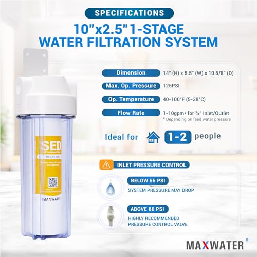 10-Inch 1-Stage Whole House Water Filtration System with Clear Housing and 5-Micron Polypropylene Sediment Filter - Ideal for RVs, Well Water, and Boilers