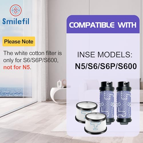 Smilefil Primary Filter and Secondary Filter Replacement Filter Kit Accessories Compatible with Inse N5 S6 S6P S600 Cordless Vacuum Cleaner (8 Count)