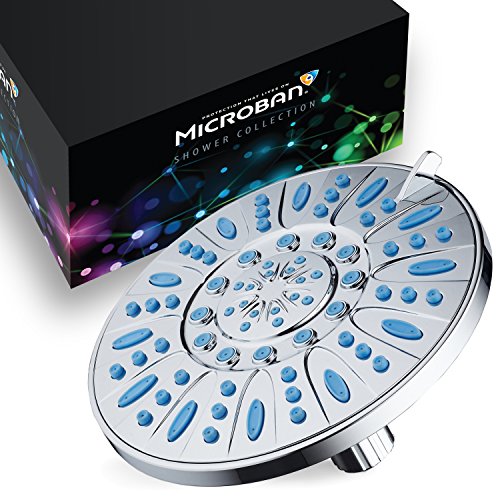 7-inch 6-Setting Rainfall Showerhead with Anti-Microbial Microban Protection from Mold, Mildew, and Bacteria - Clog-Free Wave Blue Jets, Chrome Finish