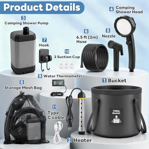 Portable Shower with Heater 1500W Camping Water Heater with Shower Head 3 Spray Modes