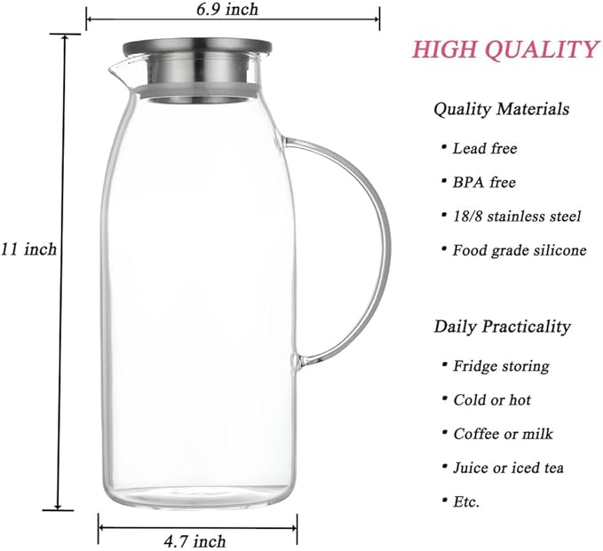 80 Ounces Glass Pitcher with Lid, Hot/Cold Water Jug, Juice and Iced Tea Beverage Carafe