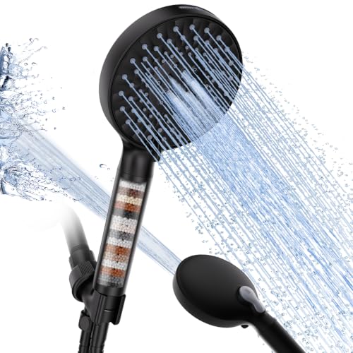 Filtered Shower Head with Handheld High Pressure 9 Spray Mode Showerhead Detachable Shower Head Water Softener Filters Beads for Hard Water Remove Chlorine 1 Filter 1.8GPM Matte Black