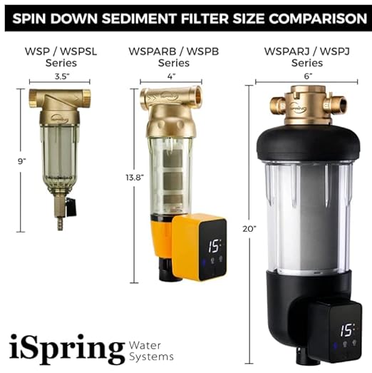 iSpring WSP100ARB Spin Down Sediment Water Filter, Reusable with Touch-Screen Auto Flushing Module and Built-in Housing Scraper, Brass Top Clear Housing, 100 Micron