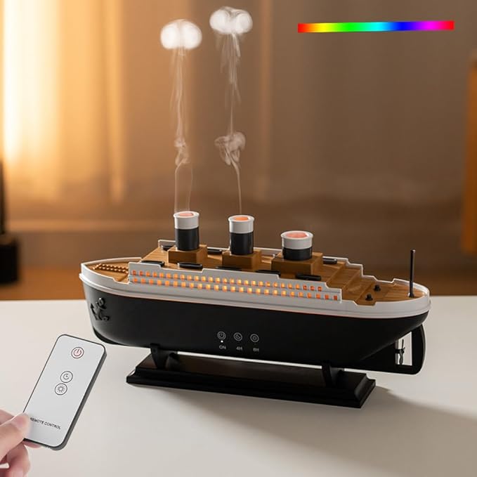 Essential Oil Diffuser, 250ml Ship Modelling Aromatherapy Ship Oil Diffuser Cool Mist Humidifier with Remote 2 Spray Mode Auto Shut-Off for Home Office(Black)