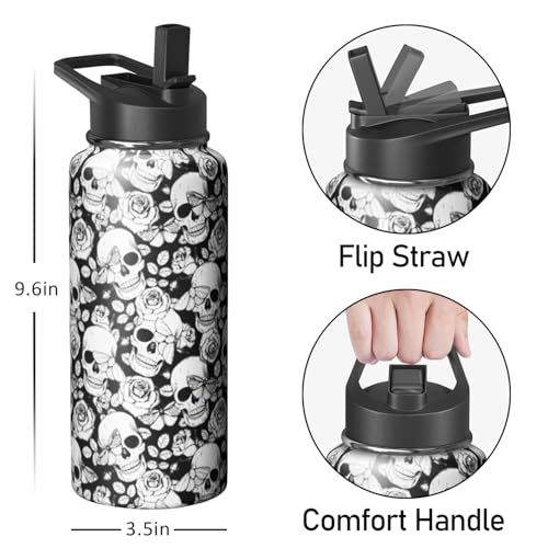 32oz Skull Water Bottle with Handle and Flip Straw