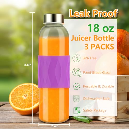 18oz Glass Juice Bottles with Stainless Steel Lids Leak Proof 3 Pack (3 Count)