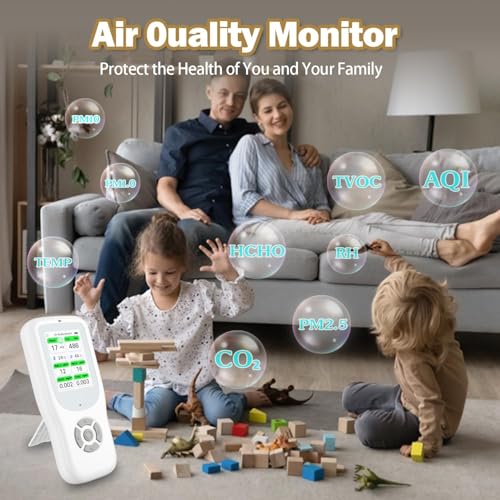 11-in-1 Air Quality Monitor - Portable Indoor Air Quality Detector with Stand, Real-Time Test for AQI, CO2, PM2.5, PM1.0, PM10, TVOC, HCHO, Particles, Humidity & Temperature