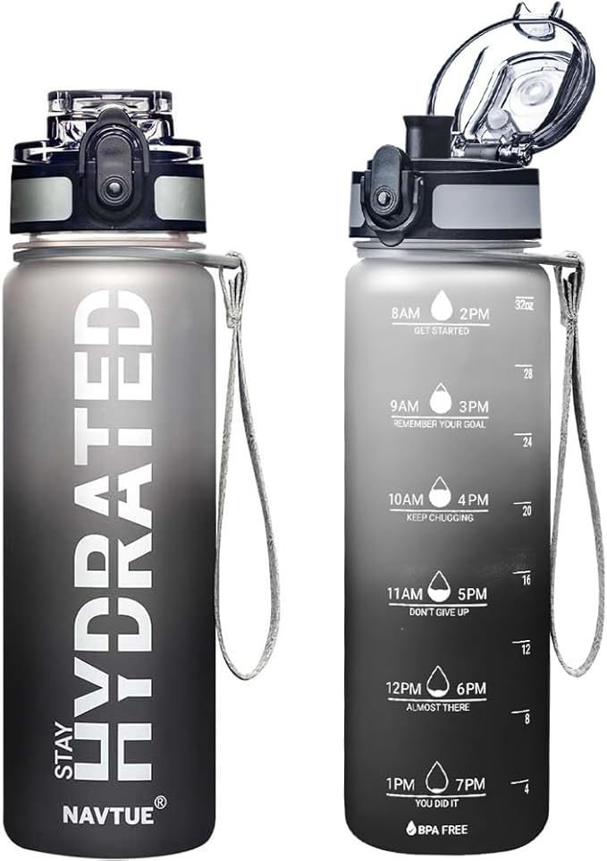 Water Bottle, 32oz Sports Water Bottles with Time Marker Wide Mouth, Motivational and Leakproof Drink Bottle, BPA Free Tritan with Carry Strap for Gym Fitness Outdoor (1 Bottle)