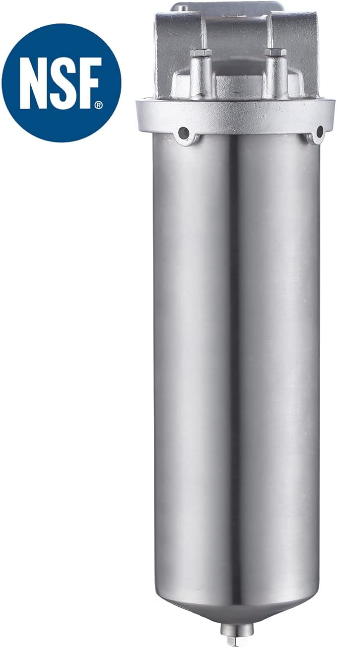 Amwater NSF/ANSI 42 Certification Stainless Steel Filter Housing for 10" Filter Cartridge, 1" NPT Water Filter Housing for Whole House Water Purification of Stainless Steel 304 (10" C Housing)
