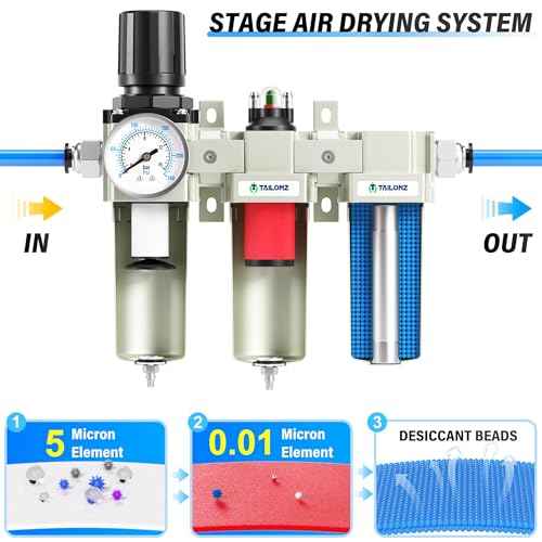 0-240PSI 3/4 Inch NPT Industrial Grade Three Stage Air Drying System, Particulate Filter,Desiccant Dryer and Air Regulator,Coalescing Filter (Manual Drainage)