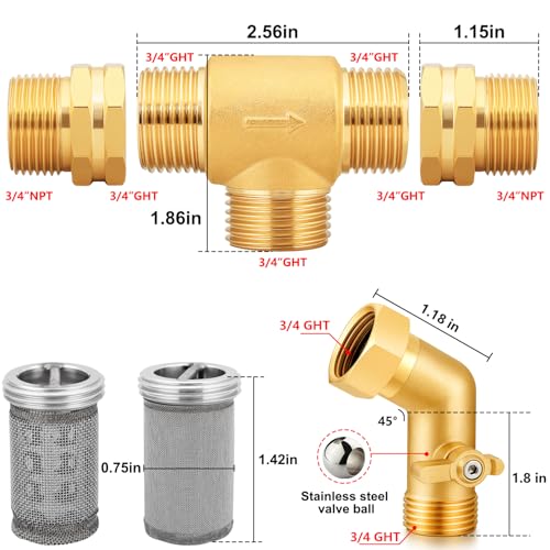 T Line Strainer Garden Hose Filter with 100 Mesh and 40 Mesh Screen and 2 PCS GHT to NPT Adapter Pressure Washer or Heater Inlet for RV Camping Car Wash On Pipe Strainer