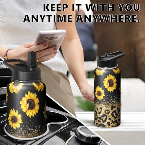 32oz Leopard Sunflower Water Bottle with Handle and Flip Straw