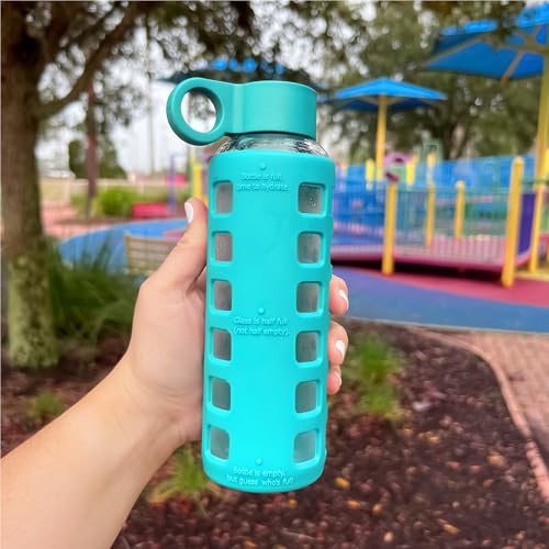 40oz / 32oz / 22oz / 12oz Borosilicate Glass Water Bottle with Time & Volume Markers, Silicone Sleeve, Stainless Steel Lid | Reusable Glass Bottle for Water & Juice (12oz Aqua Blue)