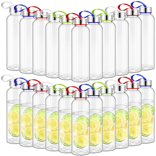 20 Pcs Reusable Clear Water Bottles Bulk with Stainless Steel Leak Proof Lids Sports Bottles with Nylon Camying Strap for Party Gift Water Milk Smoothie Juice Beverage
