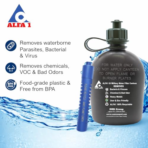 ALFA1 GI Military Water Filter Canteen + 1 ALFA1 Life Saver Nano Water Filter Cartridge