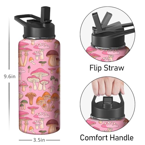 32oz Mushroom Water Bottle with Handle and Flip Straw