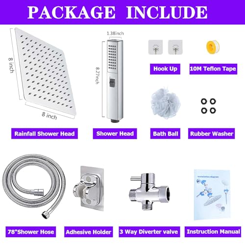 8"High Pressure Square Rain Shower Head and 2