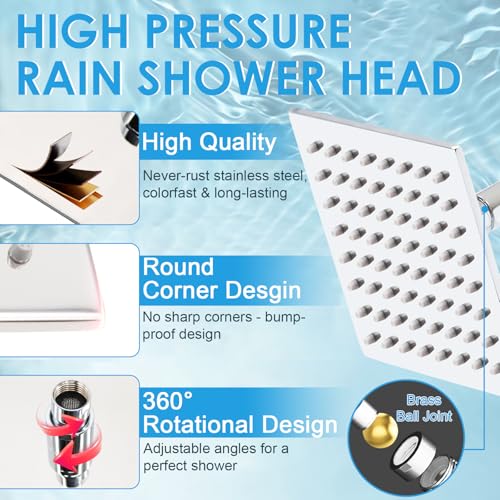 6 Inch Square Shower Head Stainless Steel High Pressure Rain Shower Heads with Extension Arm Adjustable Angle Replacement Luxury Shower Head for Modern Bathroom
