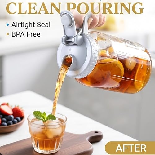 Glass Mason Jar Pitcher With Lid 64 Oz Wide Mouth Sun Tea Jar Half Gallon Cold Hot Water Pitcher 2 Quart Brew Coffee Jug Carafe For Fridge (2 Count)