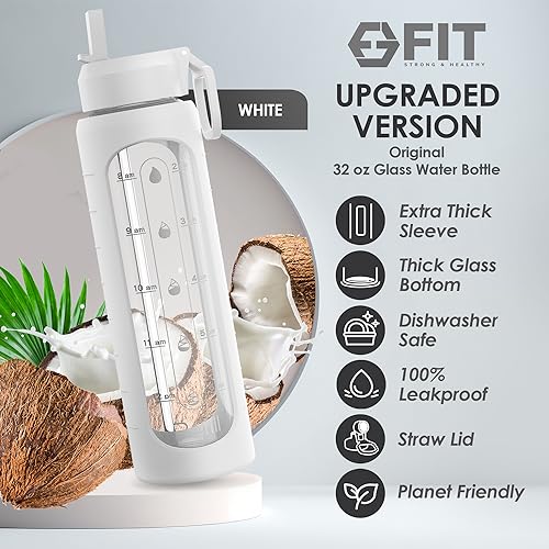 Glass Water Bottle 32 oz with Straw Lid & Time Marker