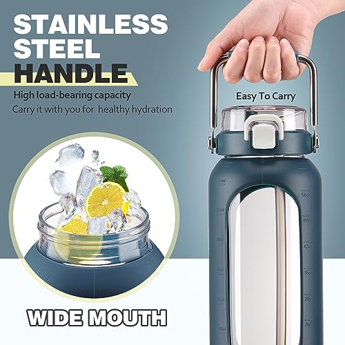 64oz Water Bottle Glass with Stainless Steel Handle Large Water Bottle with Time Markers and Silicone Sleeve Half Gallon Water Jug BPA Free for Gym Daily Use