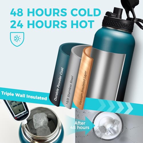32/40/64OZ Insulated Water Bottle - Keep Cold 48H Hot 24H, Combo Straw/Spout Lids, Paracord Handle for Gym/Hiking, Carrier Bag +Strap, Cup Mat, BPA-Free Stainless Steel Flask Jug (40 Count)