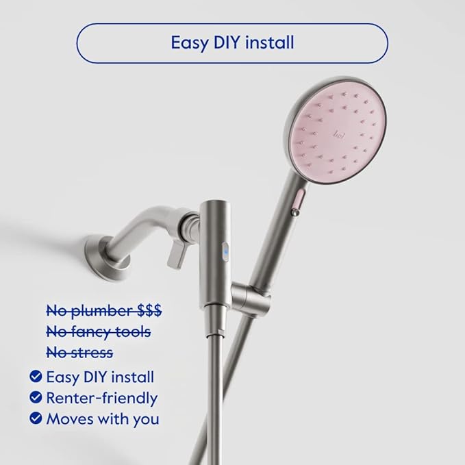 hai Smart Shower Head, Bluetooth Handheld Water Saving Showerhead with Adjustable High Pressure to Spa-Like Mist, Stainless Steel, Easy Installation, Customizable LED Lights, Rose Quartz, 2.5 GPM